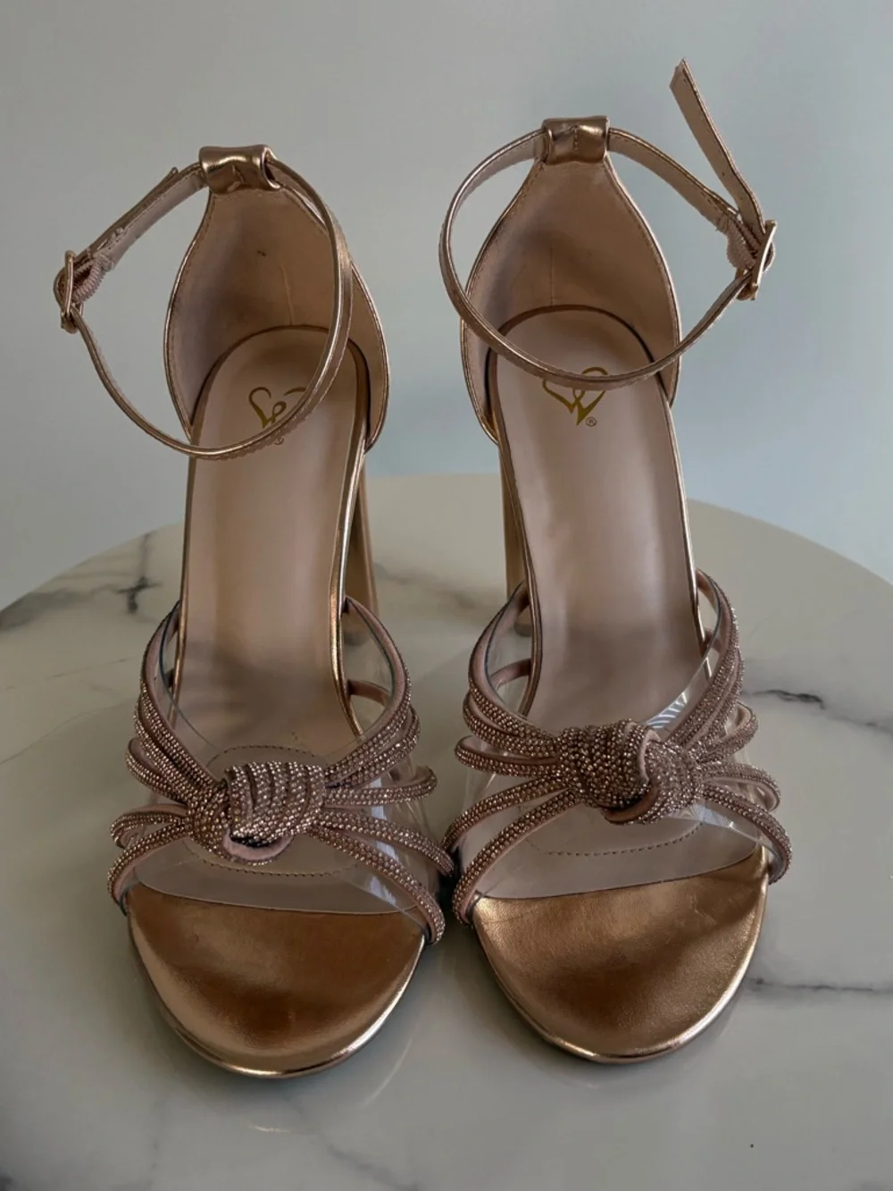 Windsor Rose Gold Rhinestone Metallic Knotted Strap Heels Size 6.5 - Picture 2 of 7